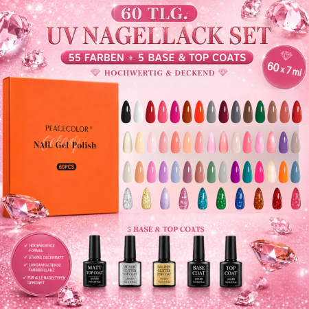 60 tlg. UV Nagellack Set inkl. UV Base & Top Coat